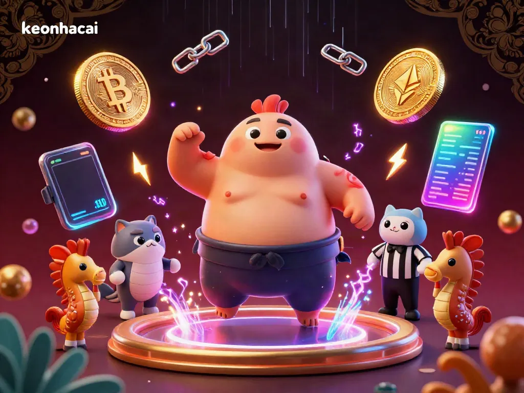 View the dynamic scene of keonhacai featuring a fugu in a sumo ring with crypto coins and seahorse fans.