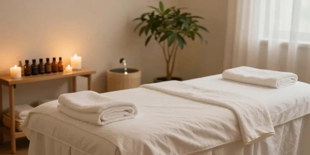 Relaxation space for 강동구출장마사지 with serene ambiance, essential oils, and calming light.