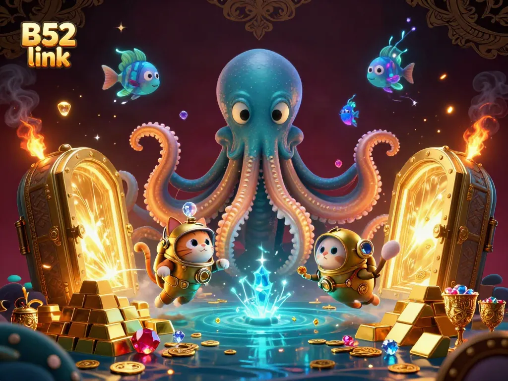Experience vibrant wins at B52 link with this lively illustration of a kraken and diving cat surrounded by treasure in an ocean of chance.