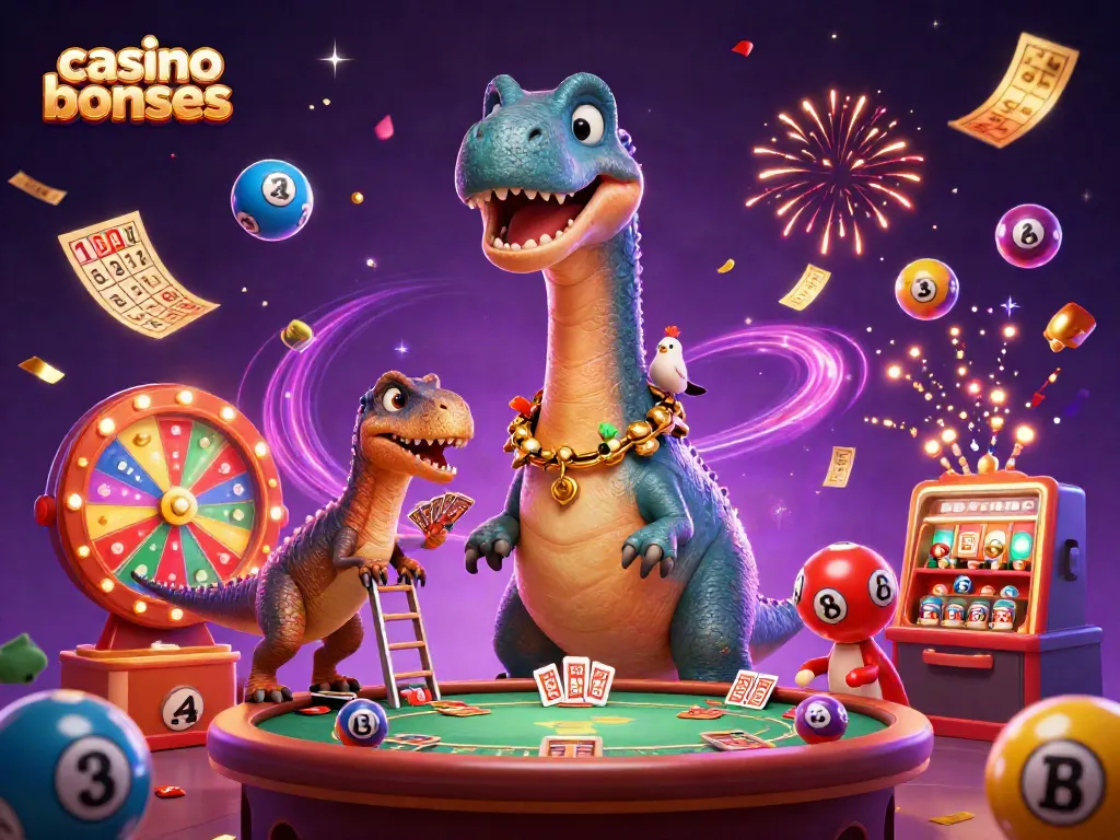 Engaging scene of casino bonuses featuring a tall brontosaurus and clever raptor in a vibrant casino setting.