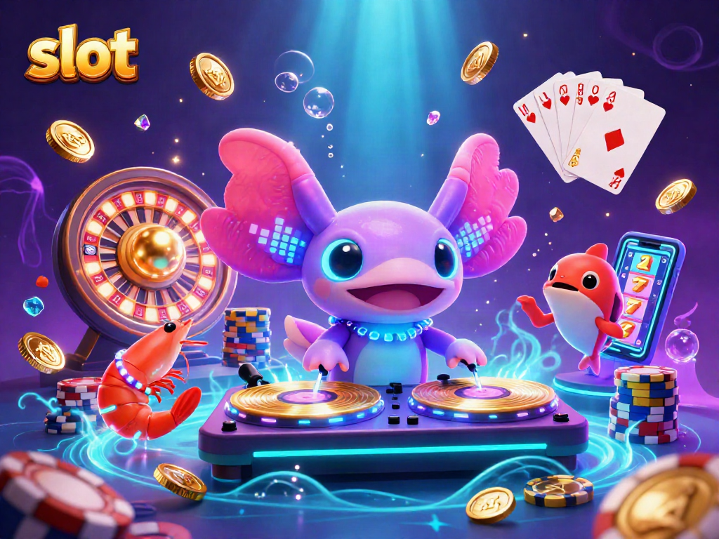Engage with exciting slot action featuring an axolotl DJ, glowing shrimp, and dynamic game elements.
